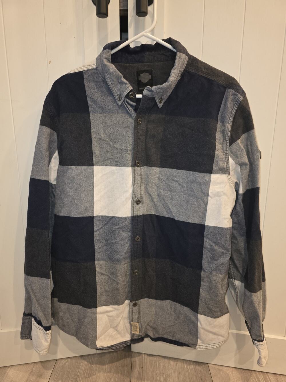 Harley-Davidson Black Label Plaid Button Down Shirt Mens XL Gray Blue Check